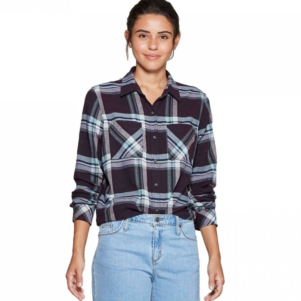 🌸3/$25 Universal Thread Purple Plum Plaid Boyfriend Fit Flannel Shirt, Size M